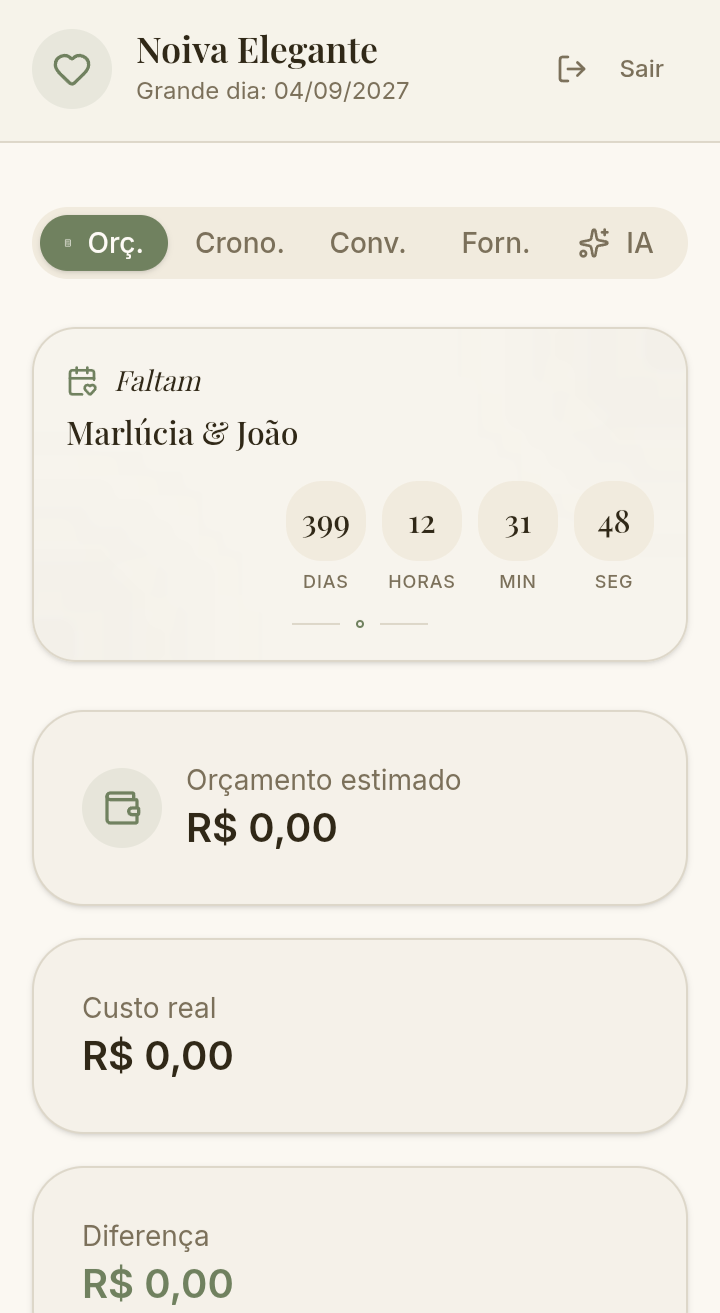Tela do app Noiva Elegante mostrando contagem regressiva e orçamento estimado, custo real e diferença