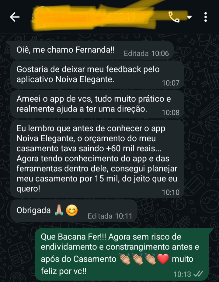 Print de conversa no WhatsApp em que Fernanda conta que reduziu o orçamento do casamento de mais de 60 mil para 15 mil reais usando o app