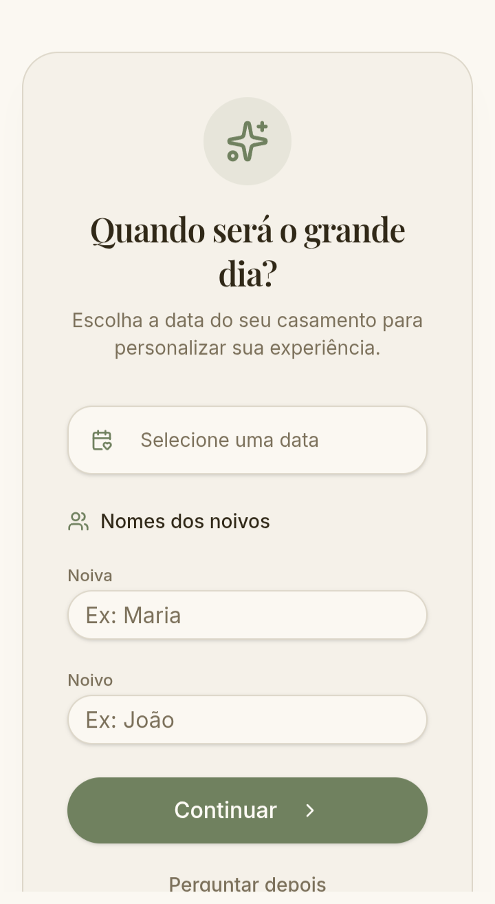 Tela inicial do app pedindo a data do casamento e os nomes dos noivos