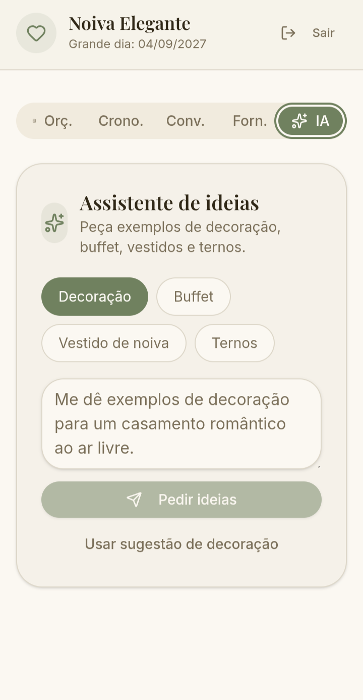 Tela do assistente de ideias com IA para decoração, buffet, vestido de noiva e ternos