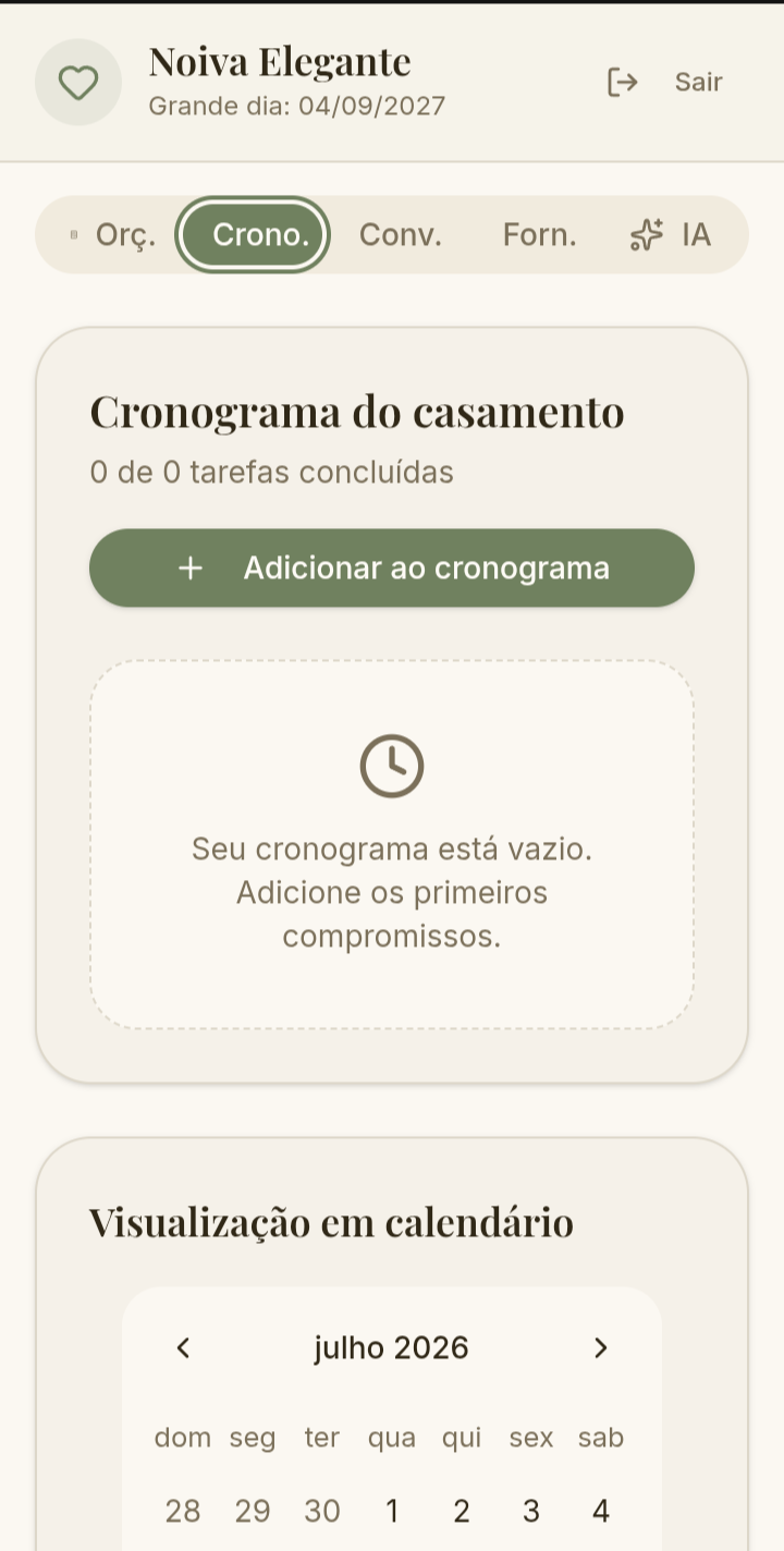 Tela do cronograma do casamento com tarefas e visualização em calendário