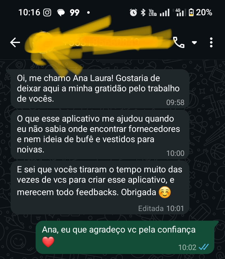 Print de conversa no WhatsApp em que Ana Laura agradece pelo app Noiva Elegante por ajudar a encontrar fornecedores, bufê e vestidos