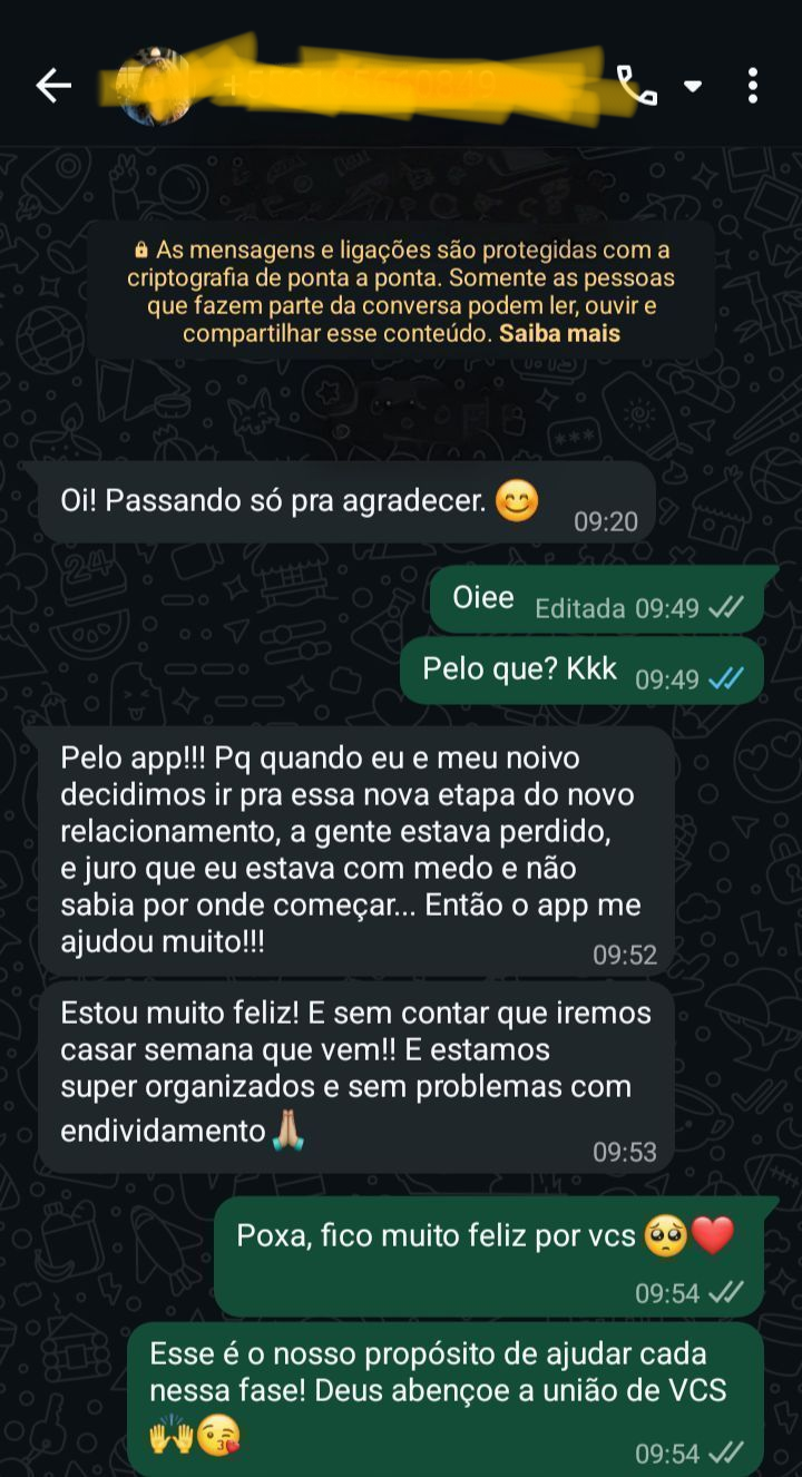 Print de conversa no WhatsApp em que uma noiva agradece e conta que vai casar na semana seguinte, organizada e sem endividamento
