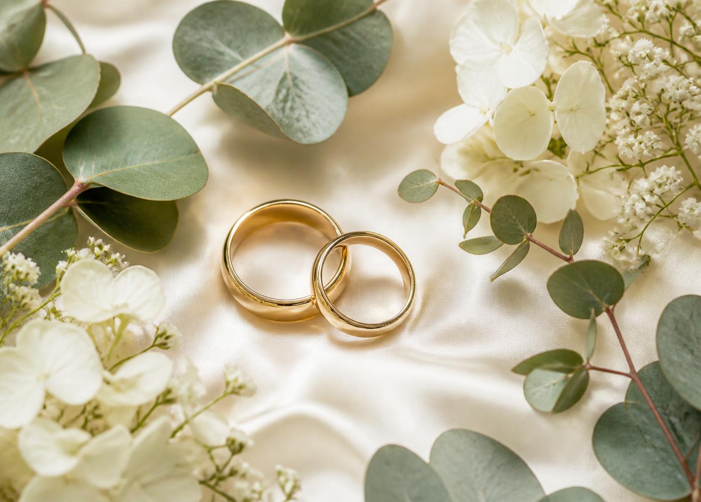Alianças de ouro sobre cetim creme com folhas de eucalipto e flores brancas