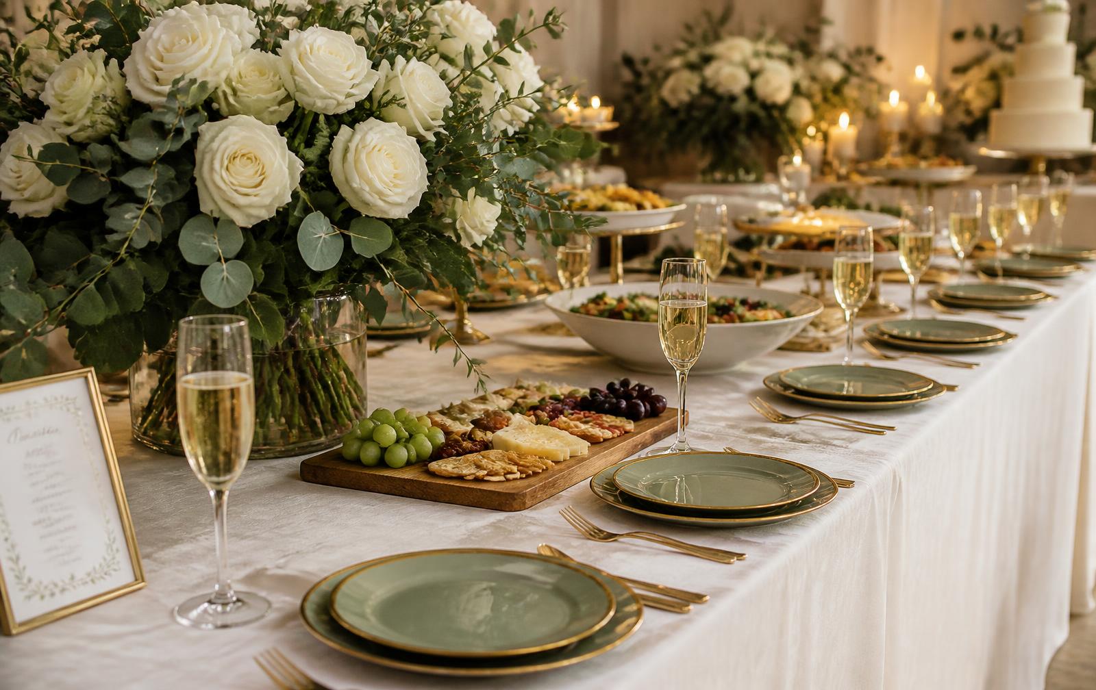 Mesa de recepção de casamento com louça verde sálvia, taças de champanhe e arranjos de rosas brancas