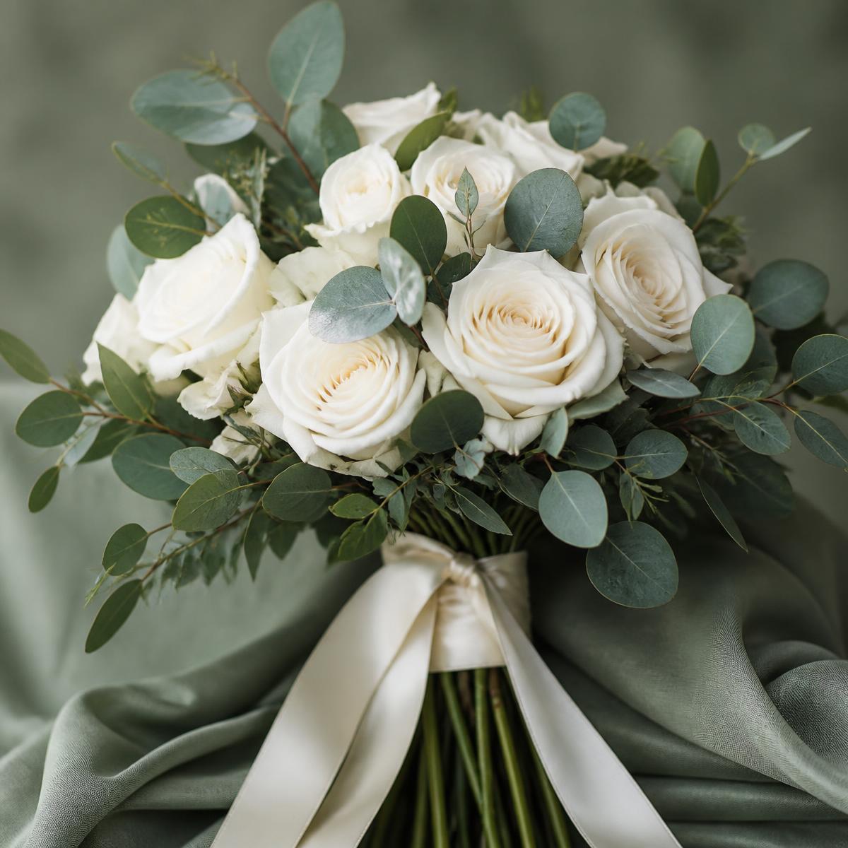 Buquê de rosas brancas com folhas de eucalipto e fita de cetim