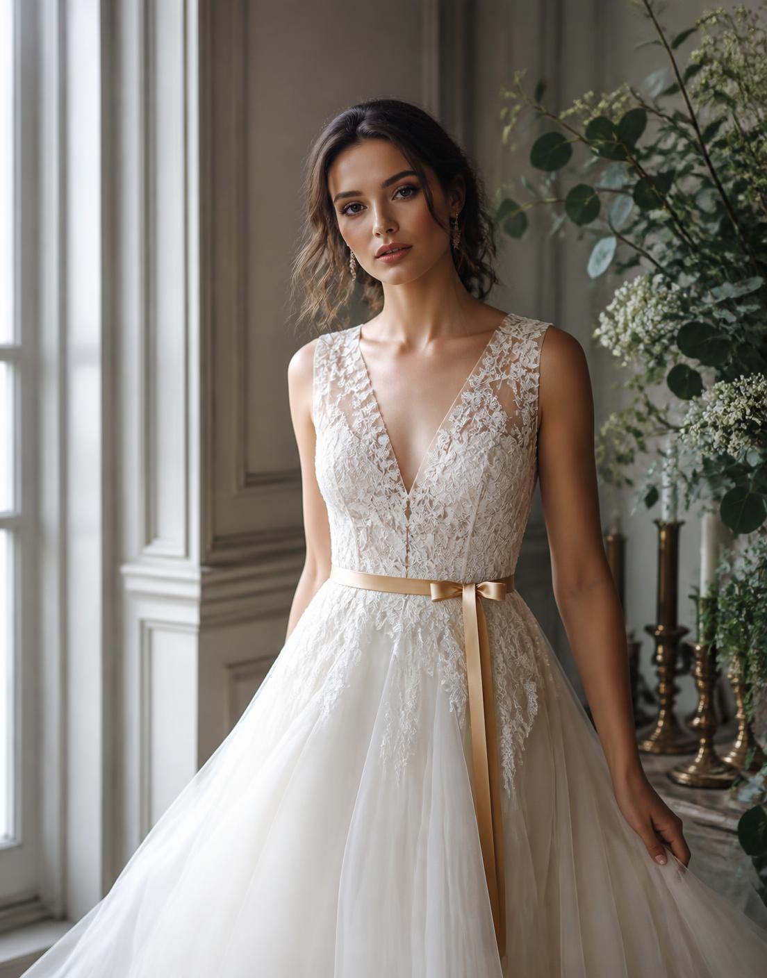 Noiva em vestido creme de tule com detalhes em renda e faixa dourada